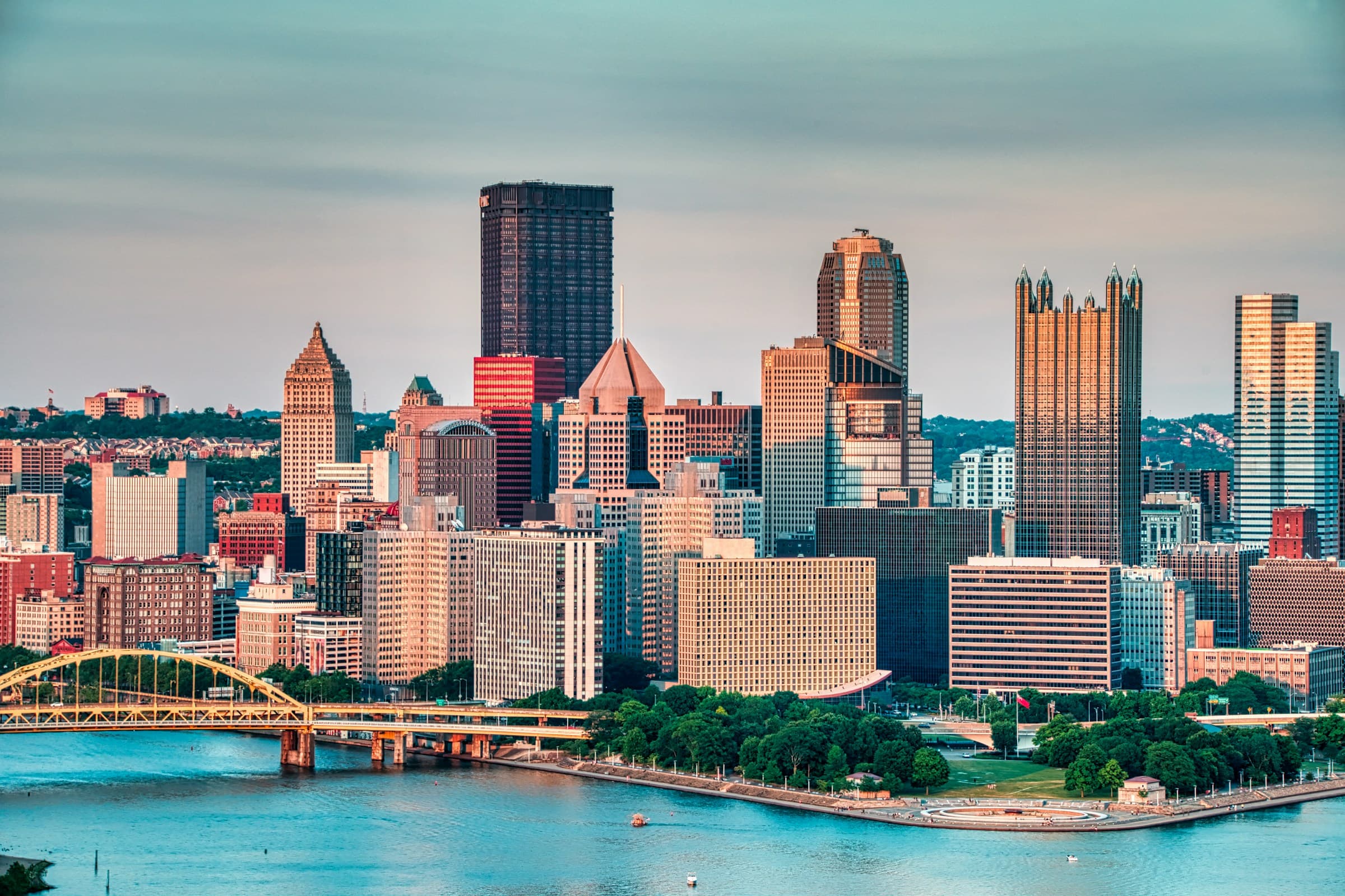 Pittsburgh's downtown skyline and bridges overlooking the rivers